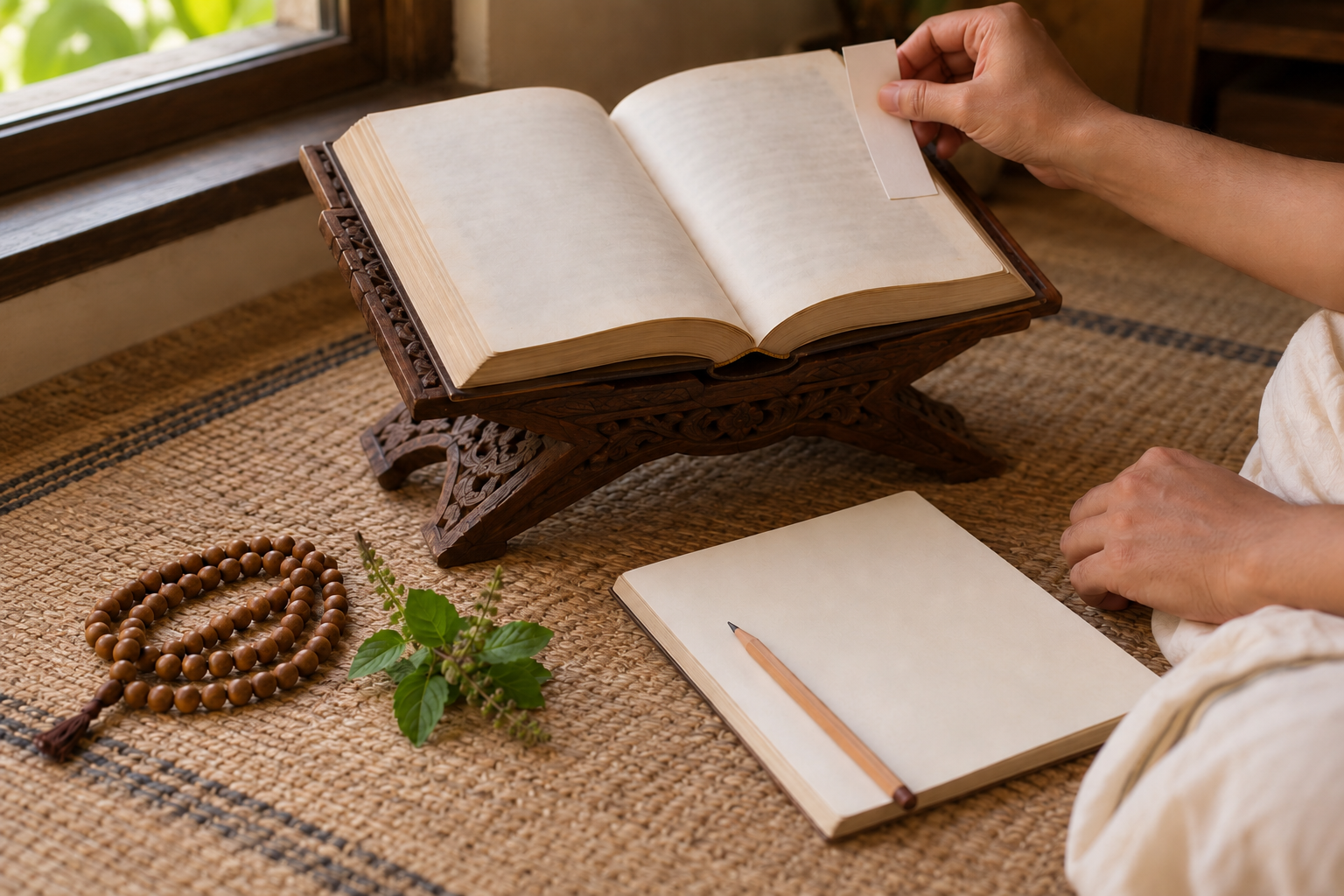 An open devotional book, notebook, pencil, prayer beads, and tulasi sprig are arranged for study on a woven mat.