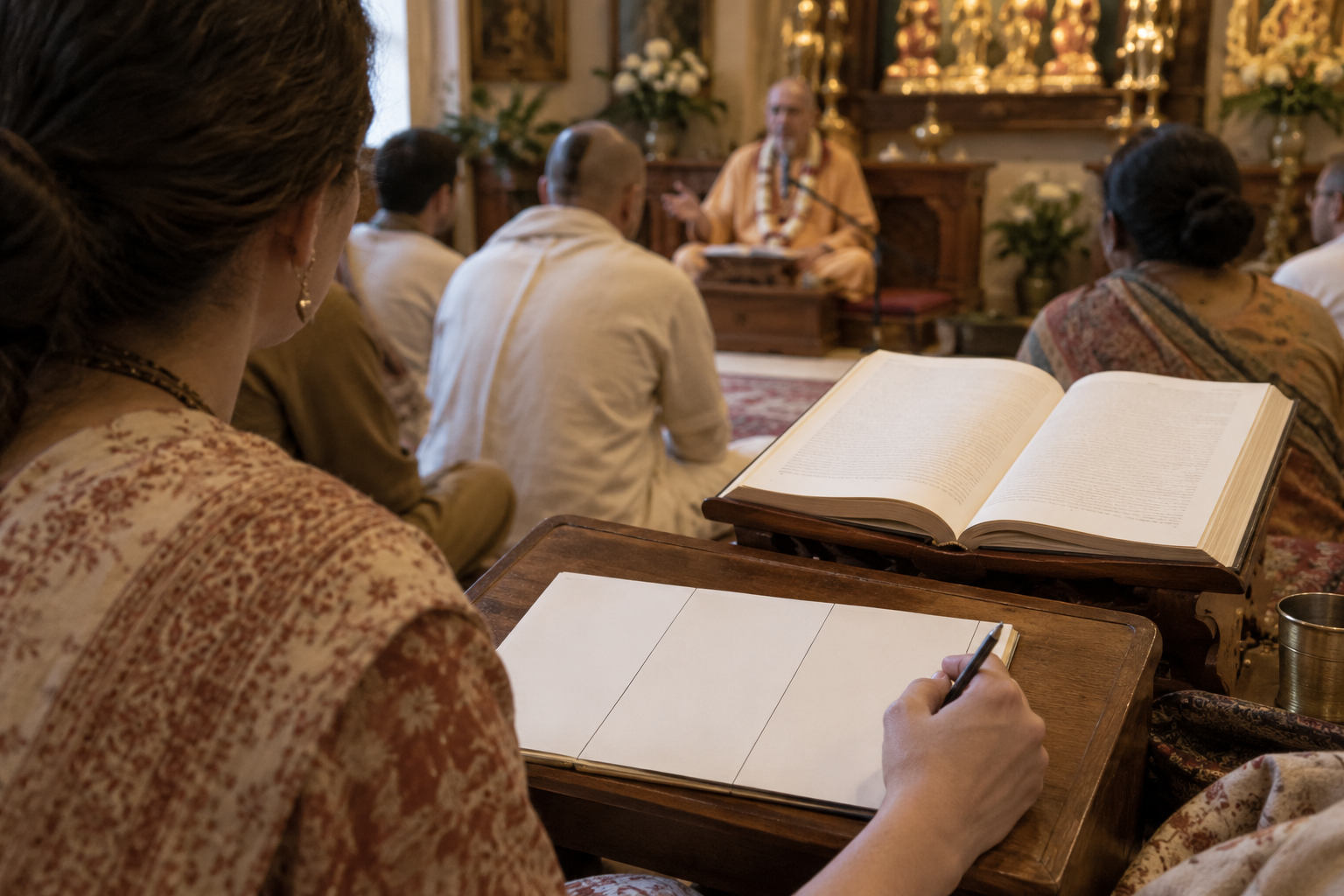 A student organizes a blank notebook into separate areas while listening to a Vaishnava teacher during class.