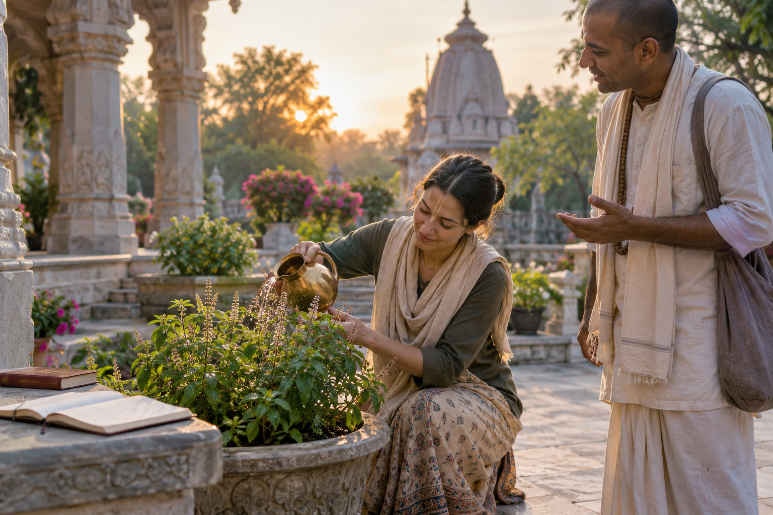 A practitioner waters a tulasi plant in a temple courtyard after discussing a lesson with another devotee.