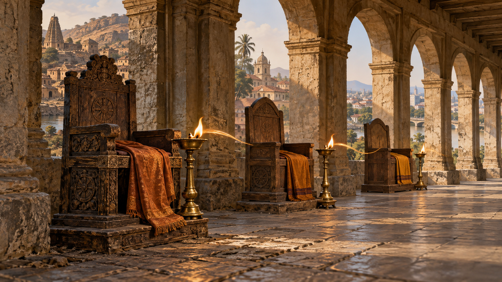 Three ceremonial seats and three connected oil lamps line a temple corridor, with architectural details suggesting successive historical periods.