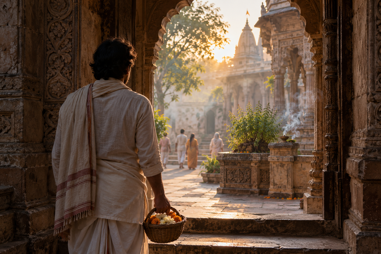 A pilgrim carrying flowers pauses at the entrance to a sunlit temple courtyard in Vrindavan at dawn.