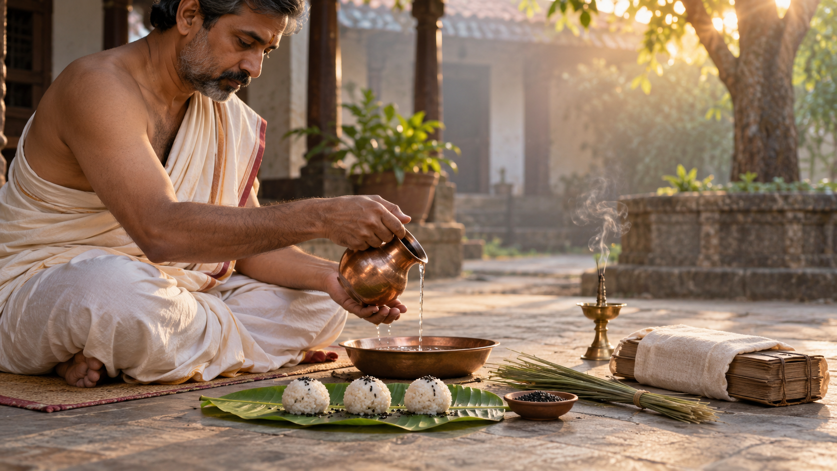 A householder performs a water offering beside rice pindas, sesame seeds, kusa grass, a copper vessel, and a cloth-wrapped manuscript bundle in a quiet courtyard.