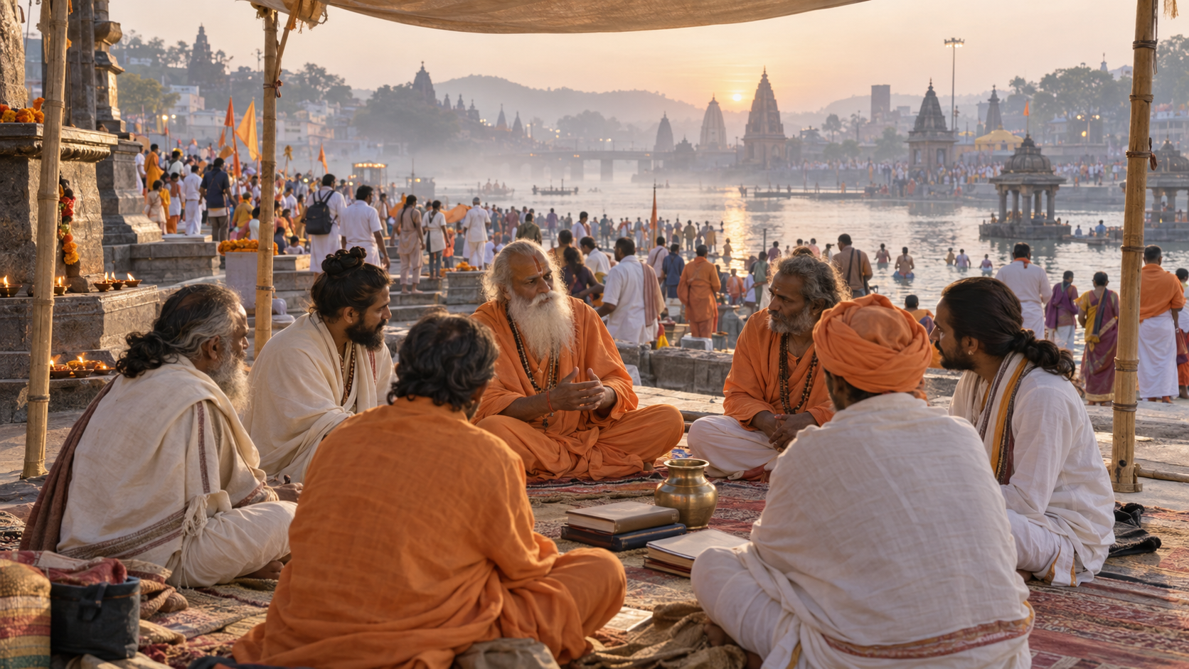Saints and scholars hold a circular discussion beside pilgrims on the Godavari river ghats at dawn.