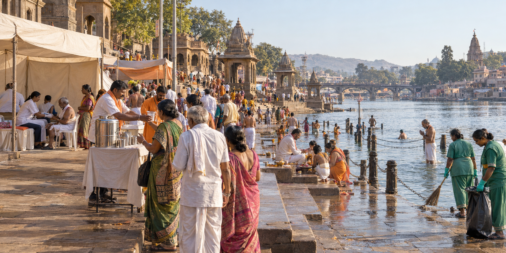 Pilgrims, priests, volunteers, sanitation workers and first-aid workers share a busy riverside ghat during Kumbh.