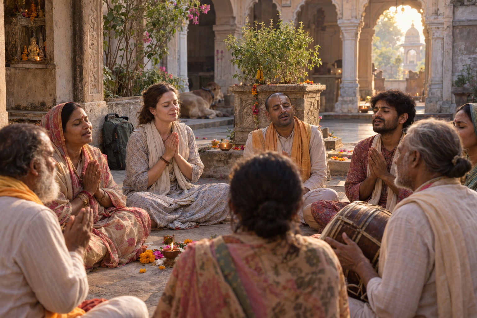 A pilgrim sits with devotees in a quiet Vrindavan temple courtyard during morning prayer.