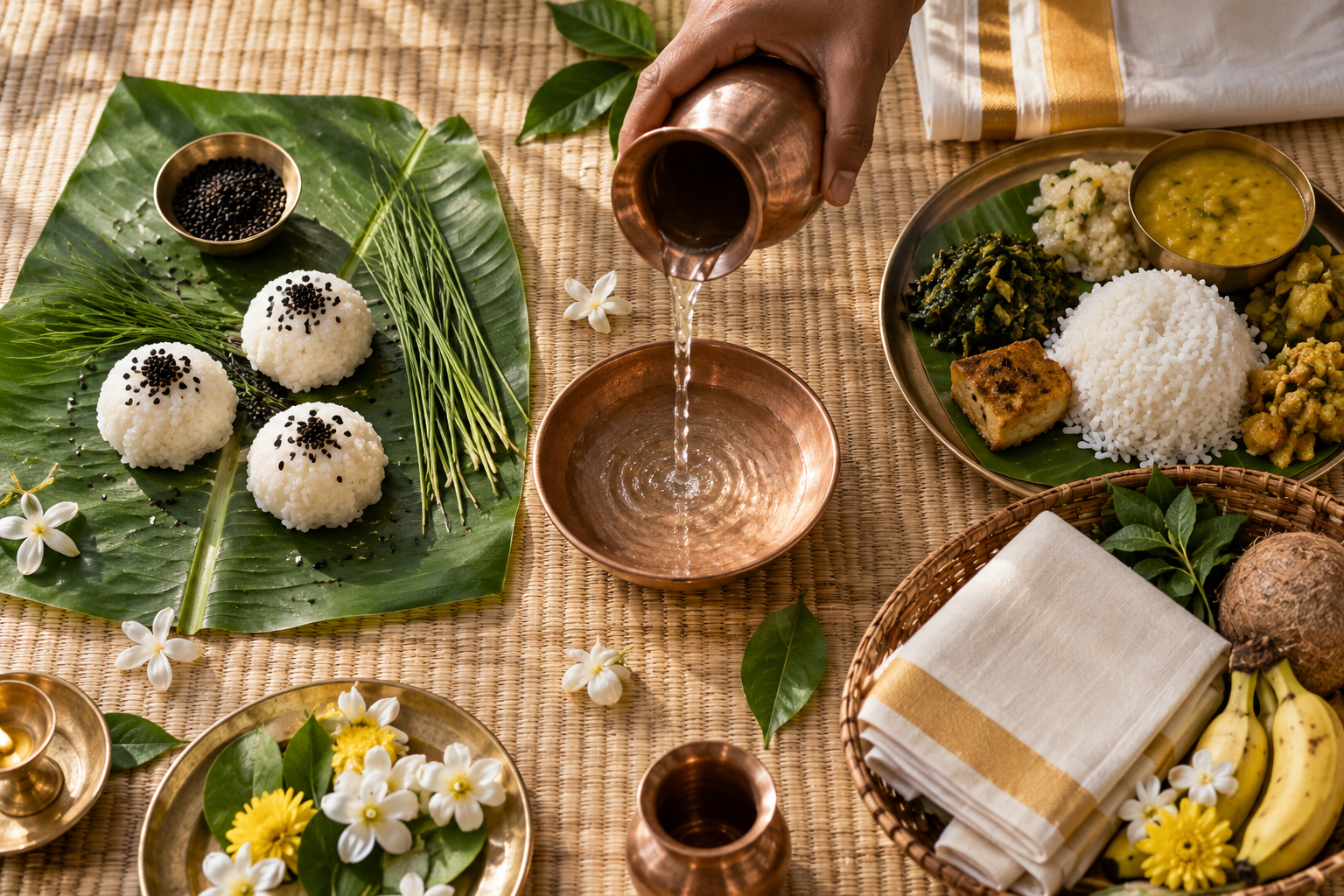 An overhead ritual arrangement shows rice pindas and sesame, a copper-vessel water offering, and a simple vegetarian meal with a gift basket.