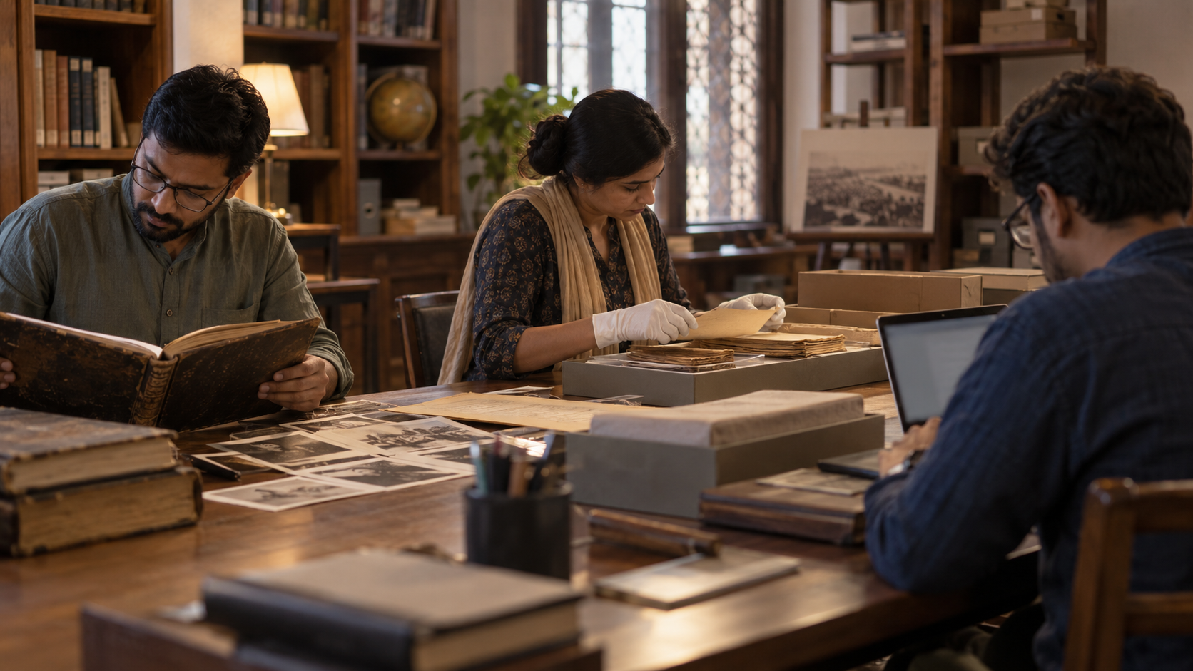 Three scholars compare a bound volume, archival photographs, manuscript folios and a laptop in a research room.