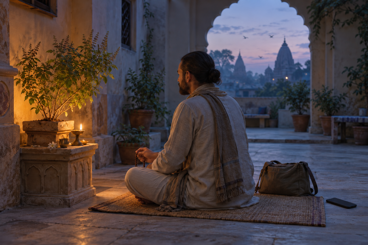 A pilgrim follows a quiet dawn prayer routine beside a tulsi plant in a Vrindavan courtyard.