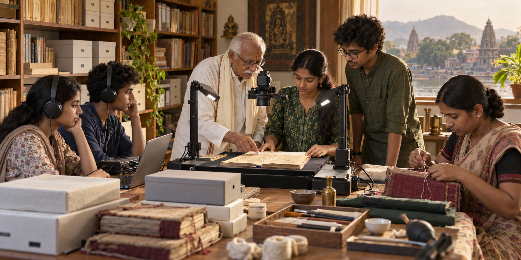 An older scholar guides young researchers digitizing a manuscript while others repair a binding and record oral history.