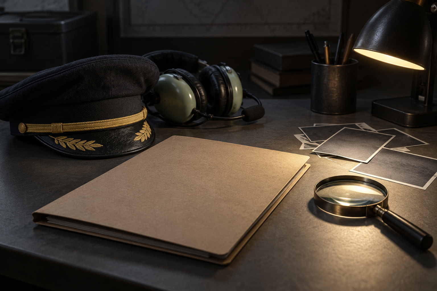 A pilot's cap and headset sit beside a closed investigation folder and a magnifying glass on a dimly lit desk.