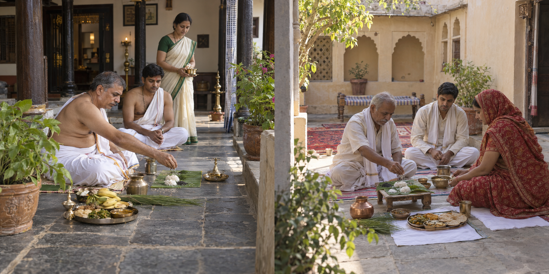 Two neighboring courtyards contain differently styled Shraddha arrangements that share rice offerings, sesame, kusa grass, water vessels, and hospitality settings.