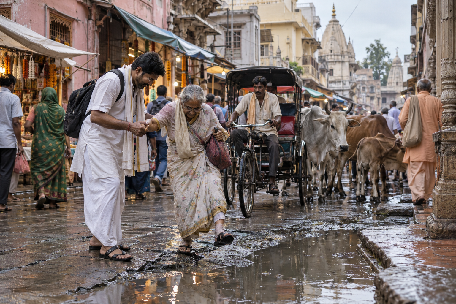 A pilgrim helps an elderly visitor across a muddy Vrindavan lane crowded with cows and a cycle rickshaw.