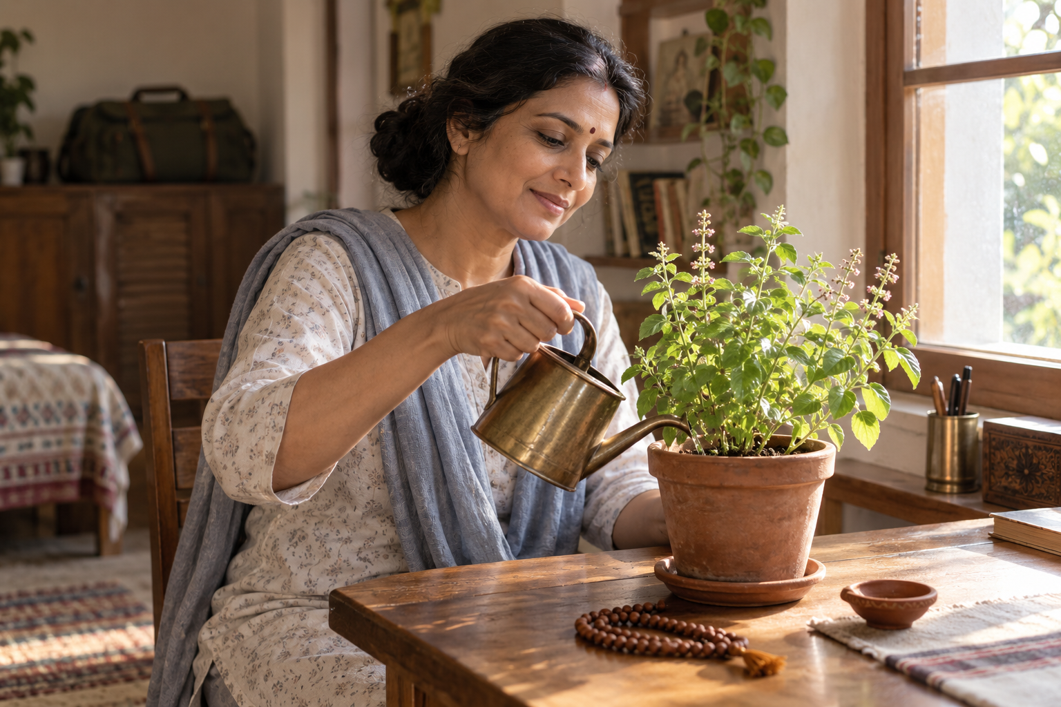 A returned pilgrim calmly waters a tulsi plant at home beside prayer beads and a clay lamp.