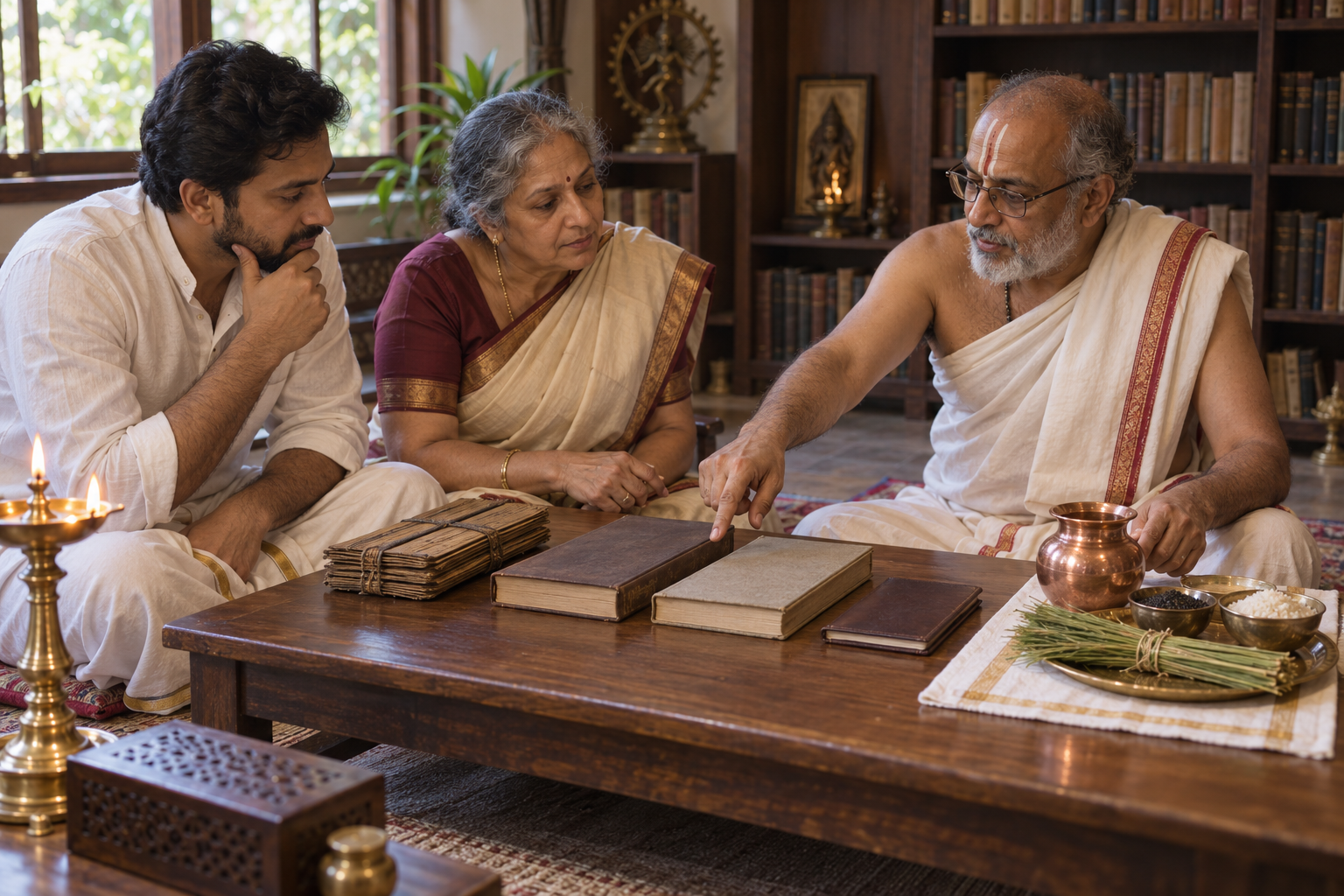 A householder, an older relative, and a ritual teacher consult several closed manuscripts and books beside Shraddha ritual objects.