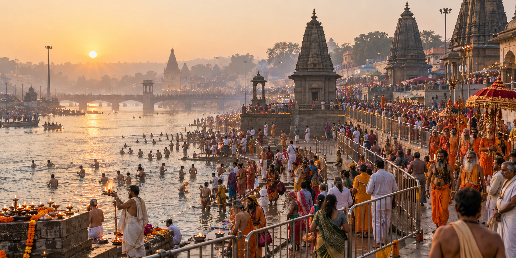 Hindu pilgrims and saffron-robed ascetics gather beside the Godavari River ghats in Nashik at dawn.