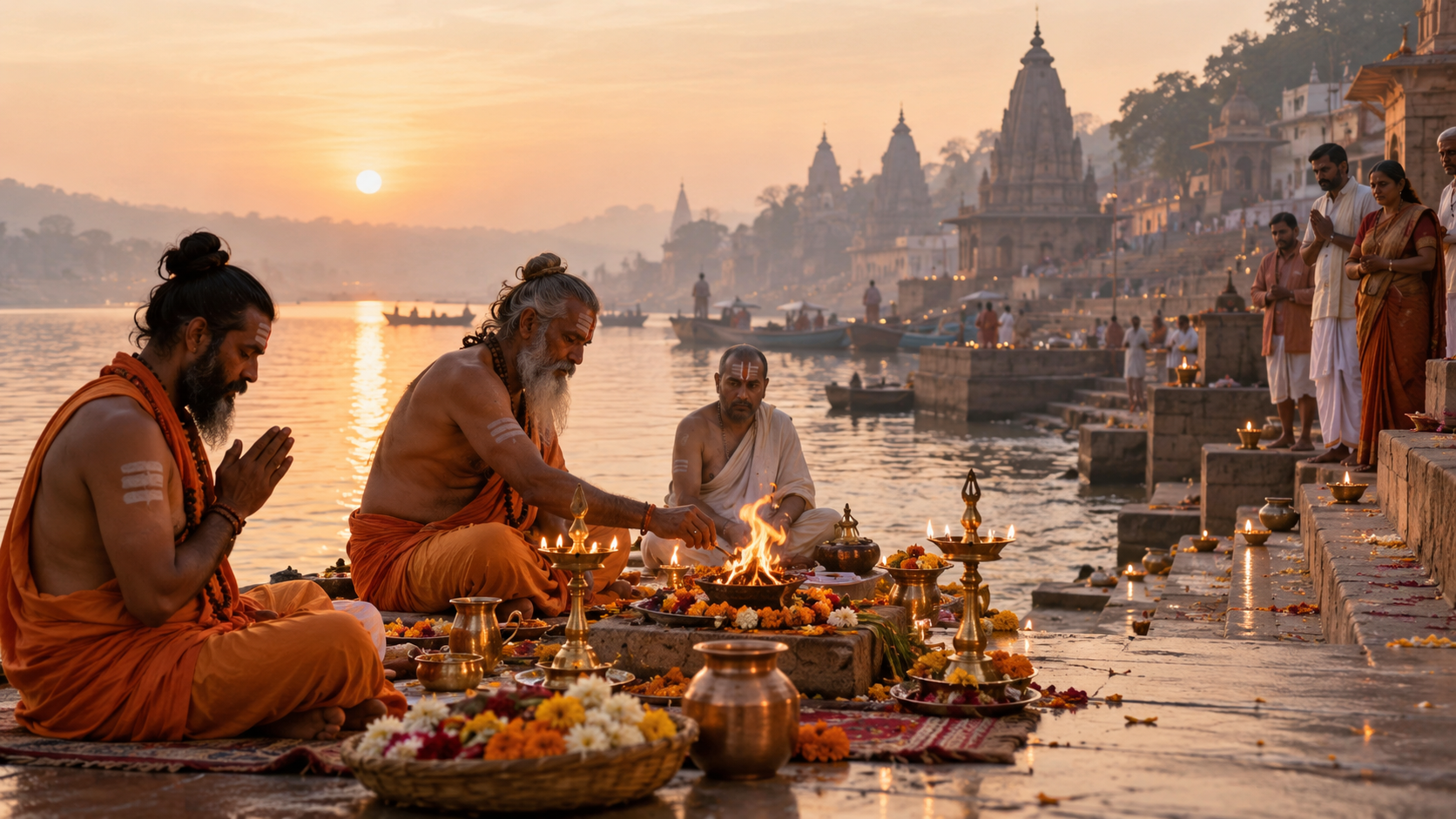 Ascetics and pilgrims perform a dawn puja with lamps and flower offerings beside the Godavari River.