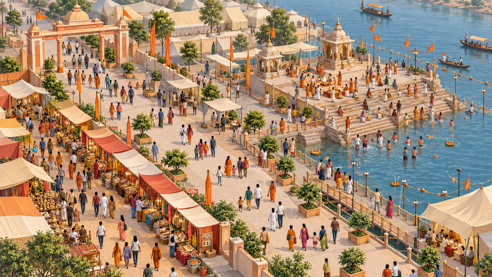 Isometric illustration of separate public-entry, riverfront ritual, and market areas within a Kumbh precinct.