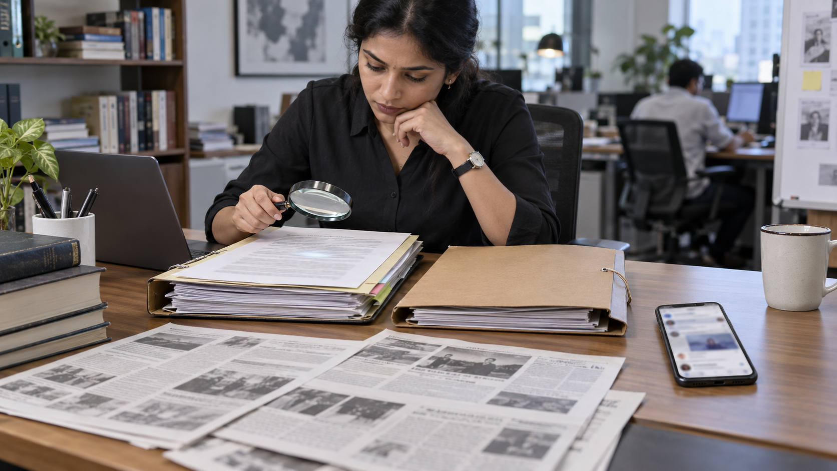 A researcher compares an official file, legal folder, phone, and press clippings while checking the source of a claim.