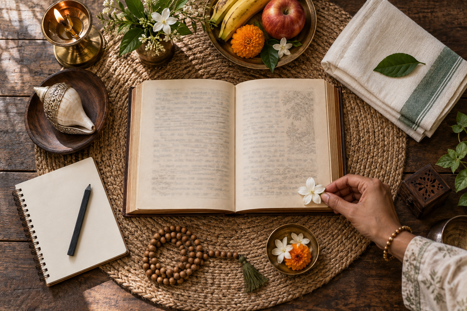 An open sacred volume is surrounded by a blank notebook, prayer beads, fruit, flowers, and a folded service cloth as a hand places a flower beside the book.