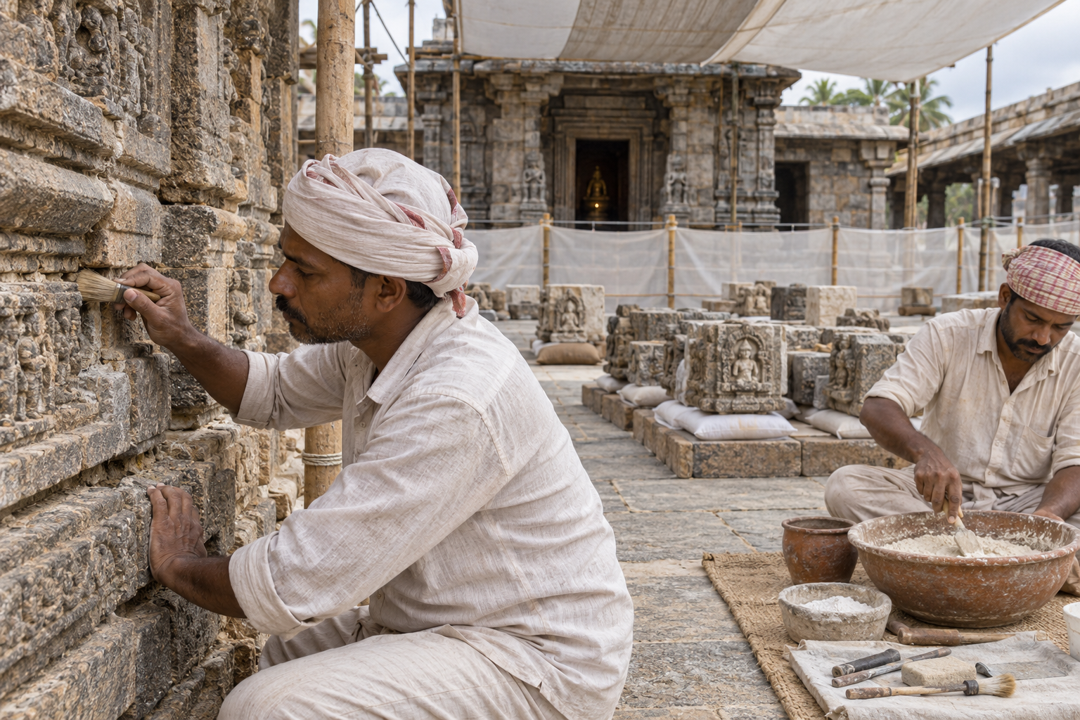 Artisans clean masonry joints, prepare lime mortar and protect original carved stones during phased temple restoration.