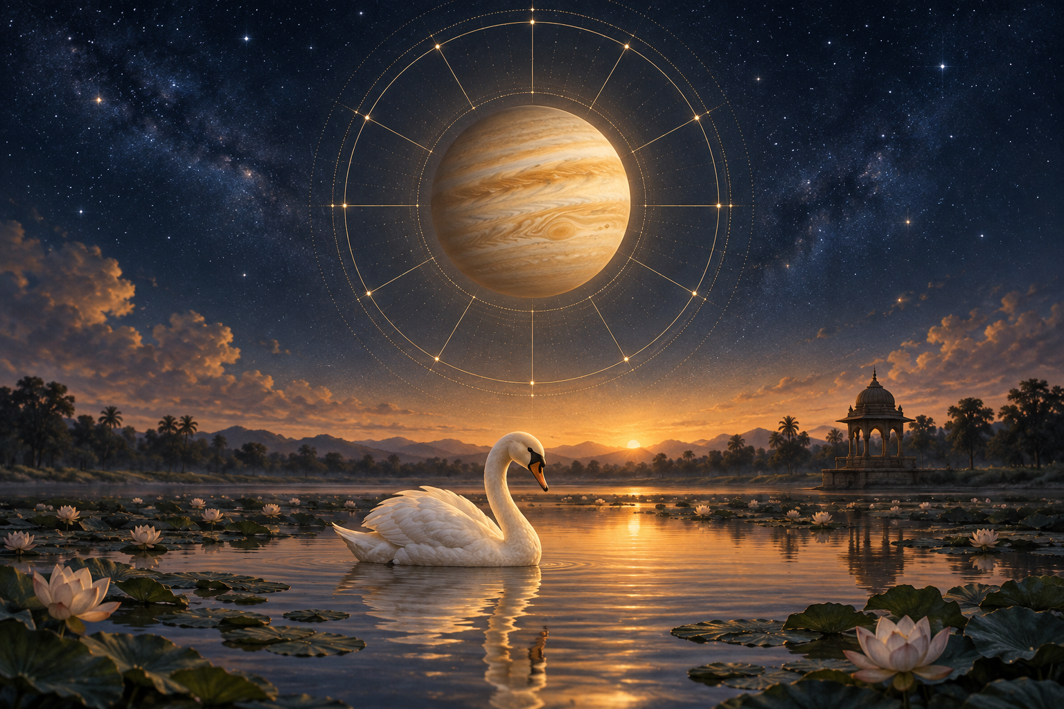 A white swan on a lotus pond beneath a glowing golden planet and an unlabeled celestial pattern in an indigo sky.