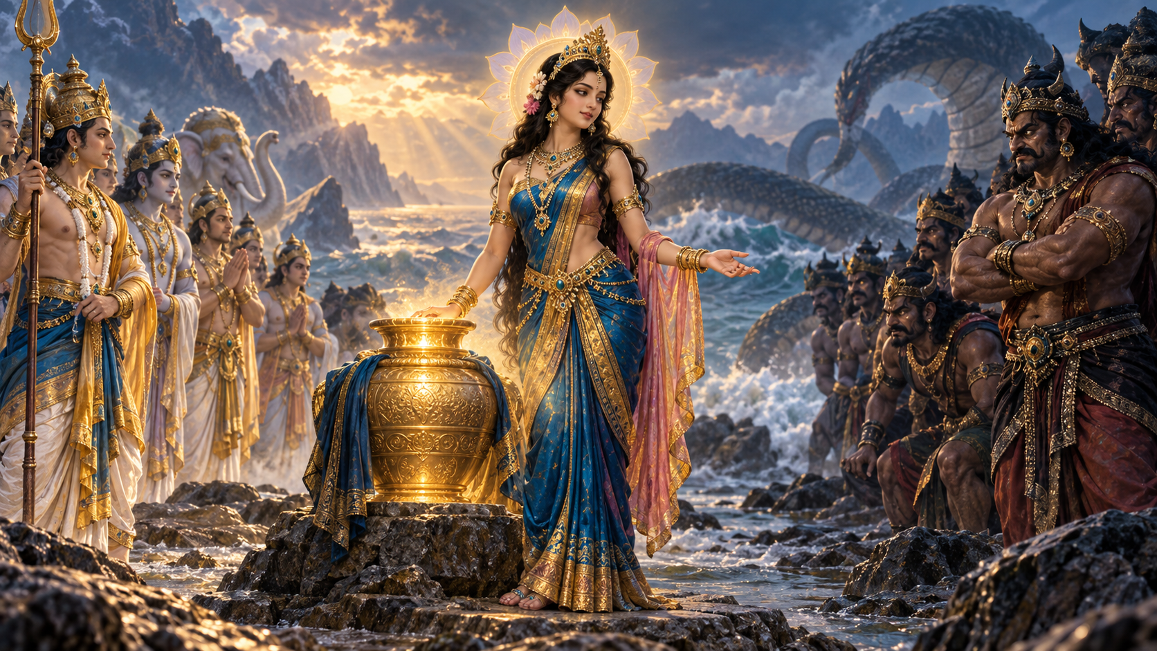 Mohini stands between groups of devas and asuras beside a glowing vessel of amrita on the shore of the cosmic ocean.