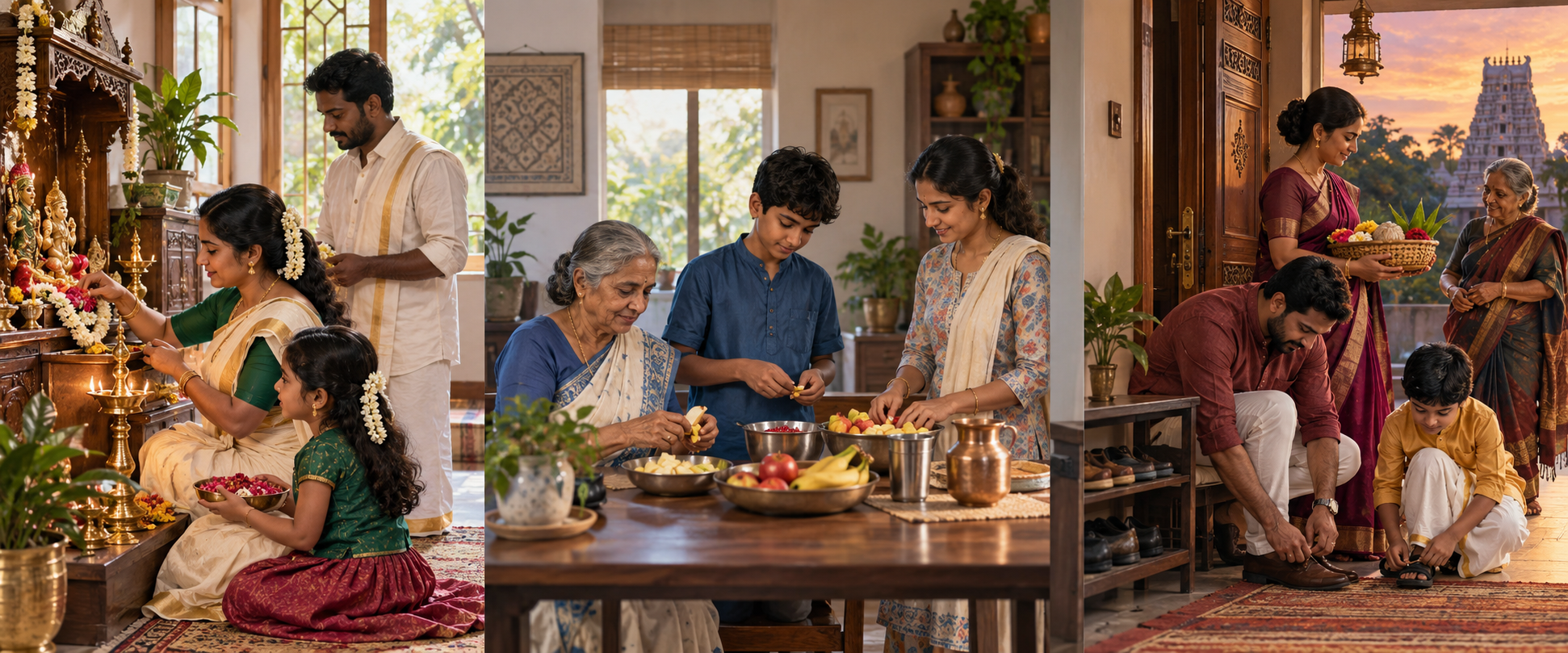 Three separate family scenes show preparations for home worship, a fast, and a temple visit, emphasizing differences in observance practices.