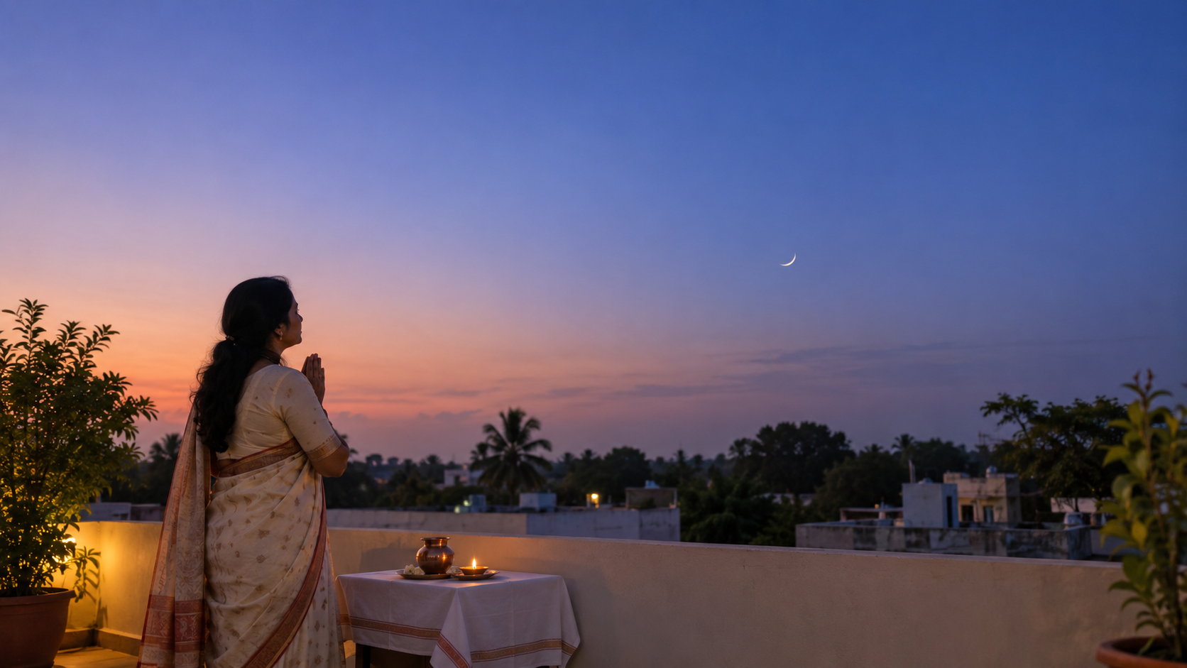 A devotee stands with joined palms on a rooftop while viewing a small crescent Moon in the evening sky, with a copper vessel nearby.