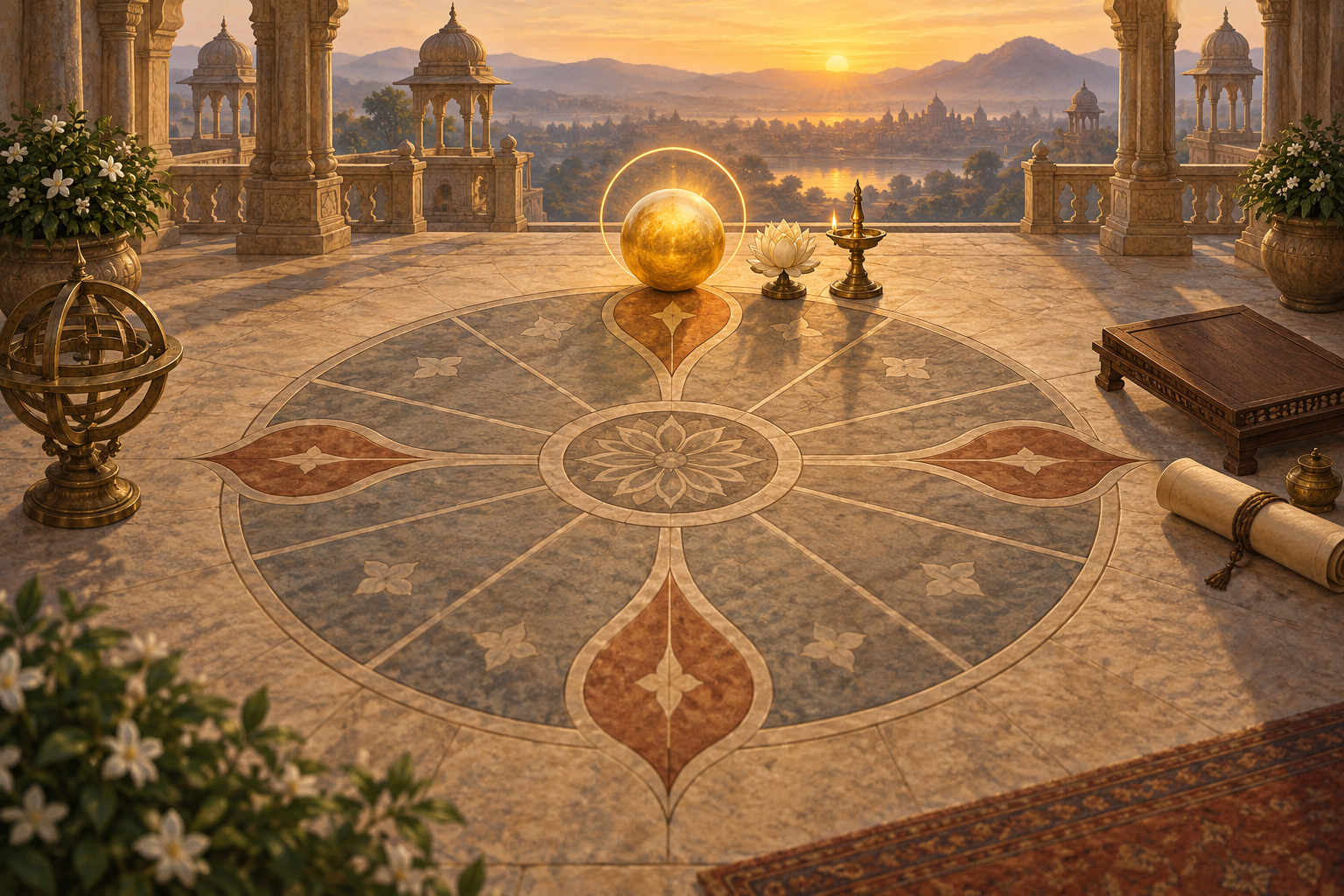 An unlabeled twelve-part astrological floor with a glowing golden sphere in an emphasized cardinal position inside an observatory courtyard.