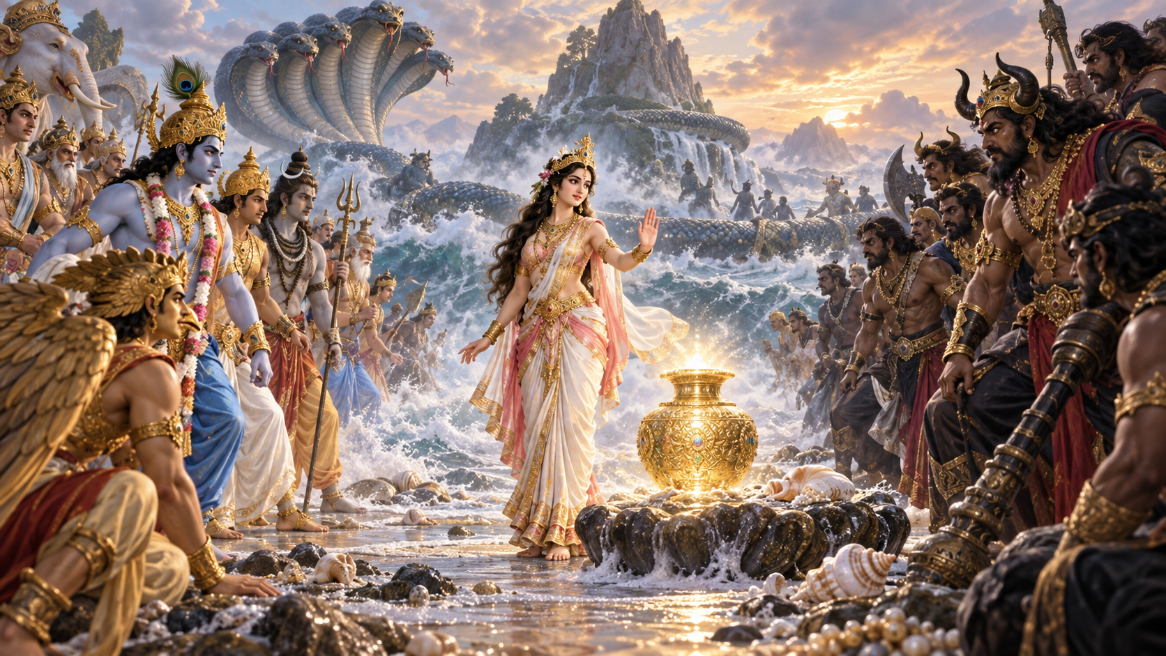 Devas and asuras stand in a tense stalemate around the amrita vessel as Mohini calmly steps between them.