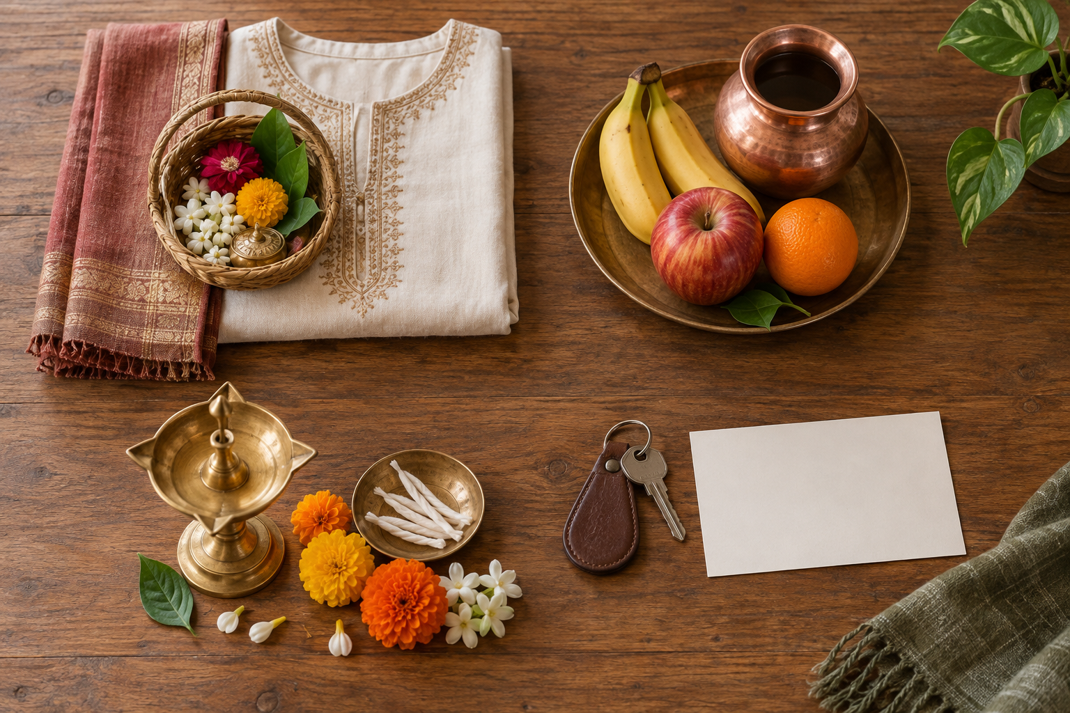 An overhead arrangement shows separate preparations for temple travel, fasting, home worship, and time away from work.