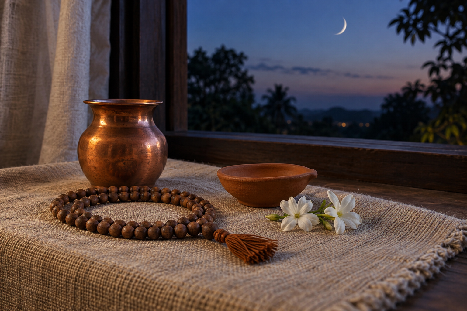 A wooden prayer mala, copper water vessel, clay lamp, and white flowers are arranged beside a window overlooking a crescent Moon.
