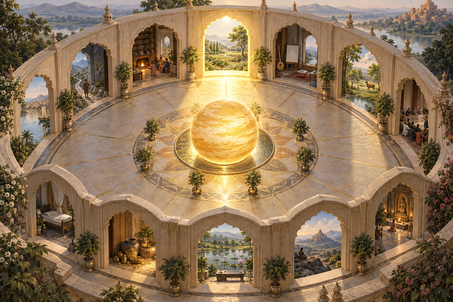 A golden sphere stands at the center of a circular courtyard whose twelve archways open onto different scenes of daily life.