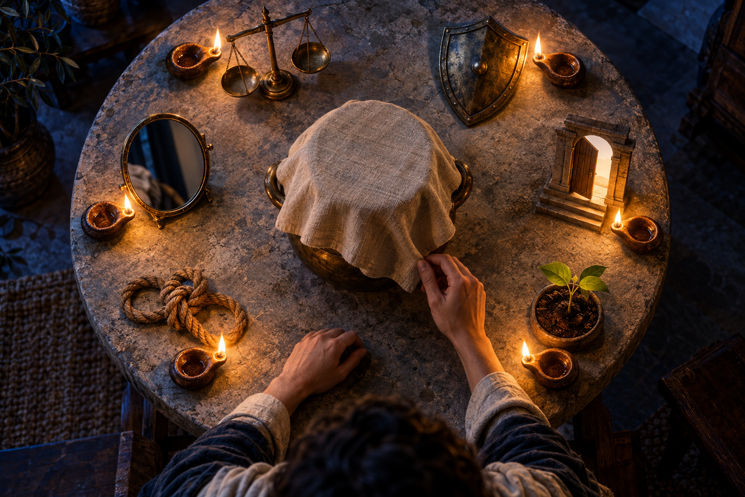 Hands pause beside a covered bronze vessel surrounded by six oil lamps and symbolic objects on a stone table.