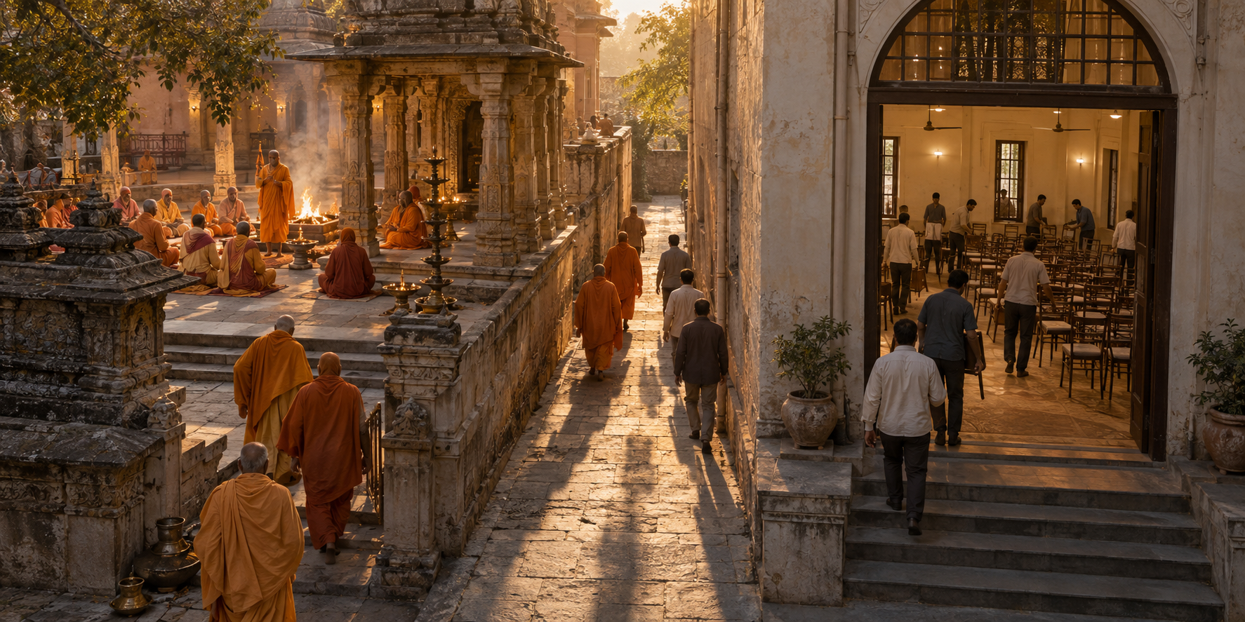 A temple gathering and a separate volunteer meeting occupy neighboring spaces while their shadows overlap across a stone passage.