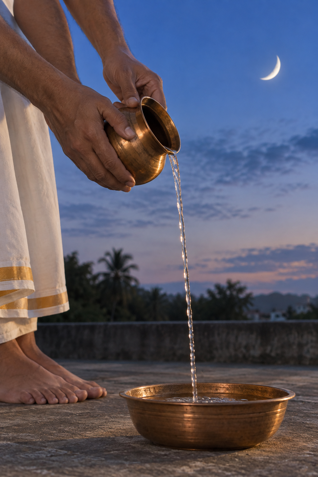 A devotee pours water from a small copper vessel into a bowl outdoors beneath a crescent Moon at dusk.