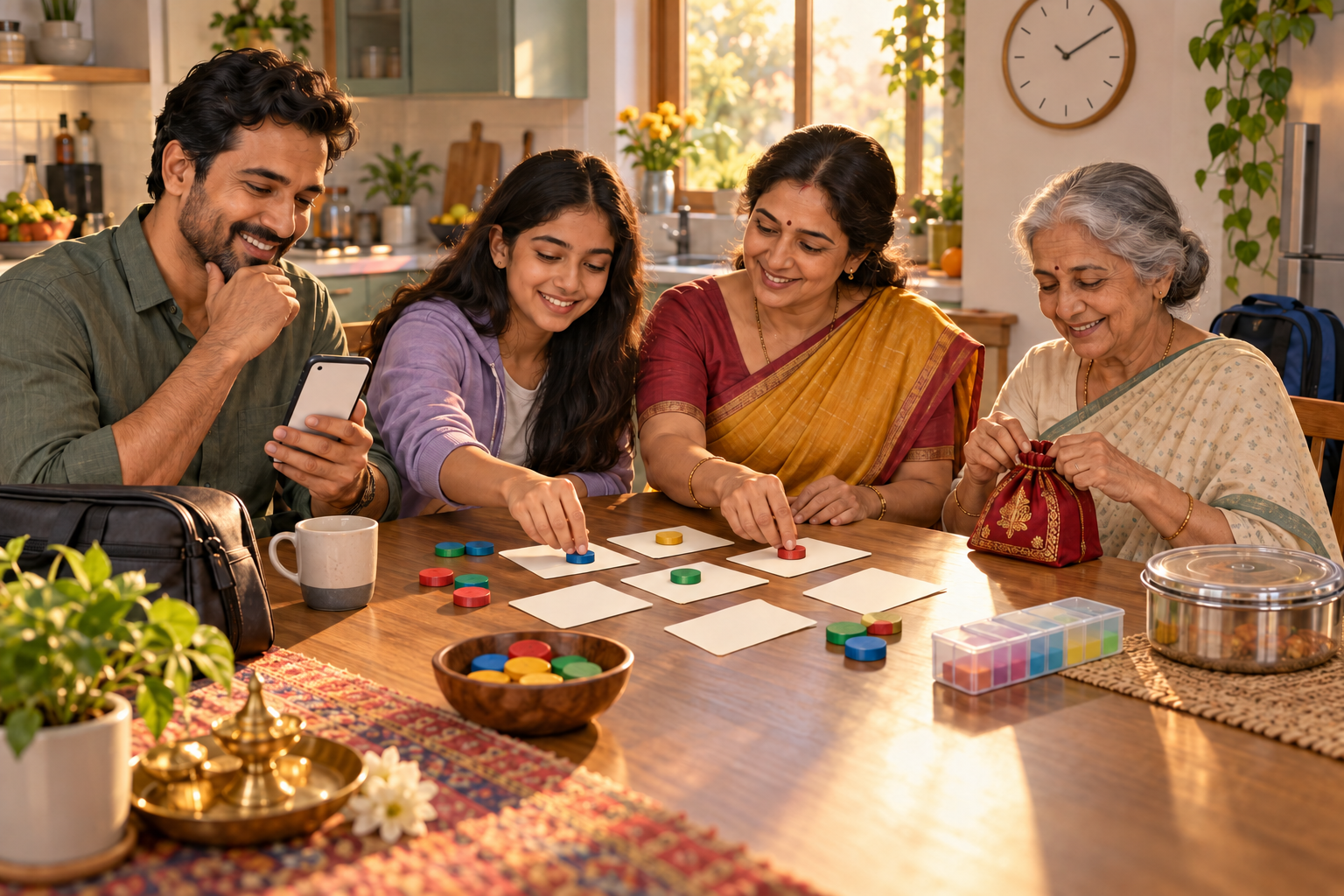 Family members organize blank cards and colored tokens beside work, school, travel, and worship items to coordinate an observance plan.