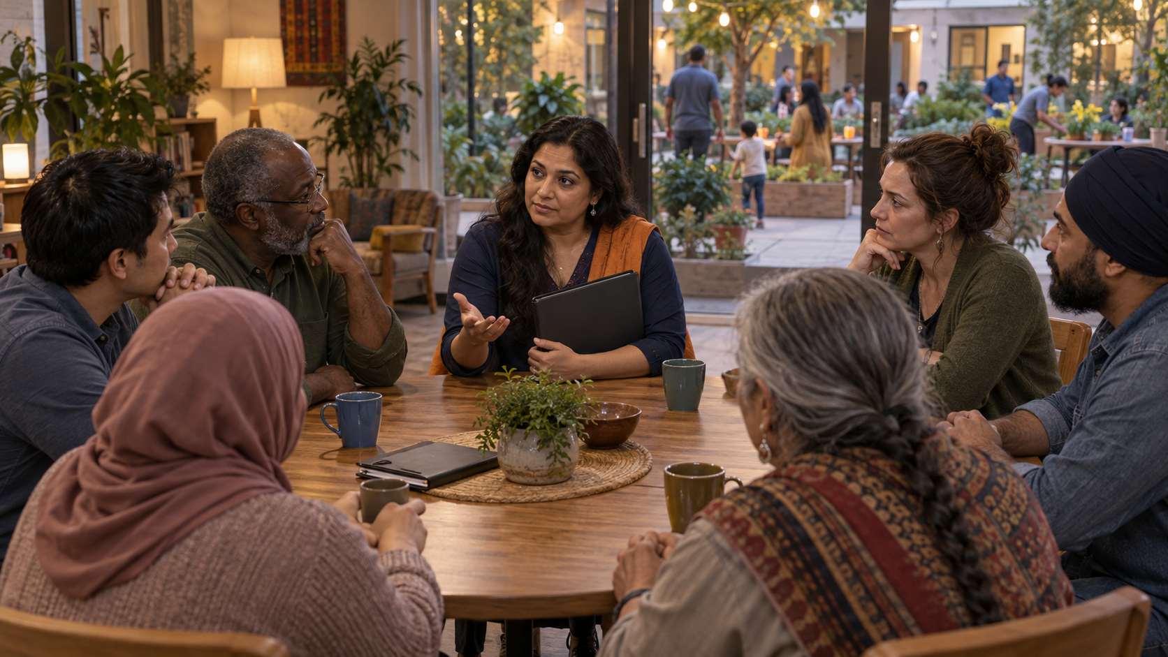 A facilitator guides a private round-table discussion while community members listen with cautious, attentive expressions.