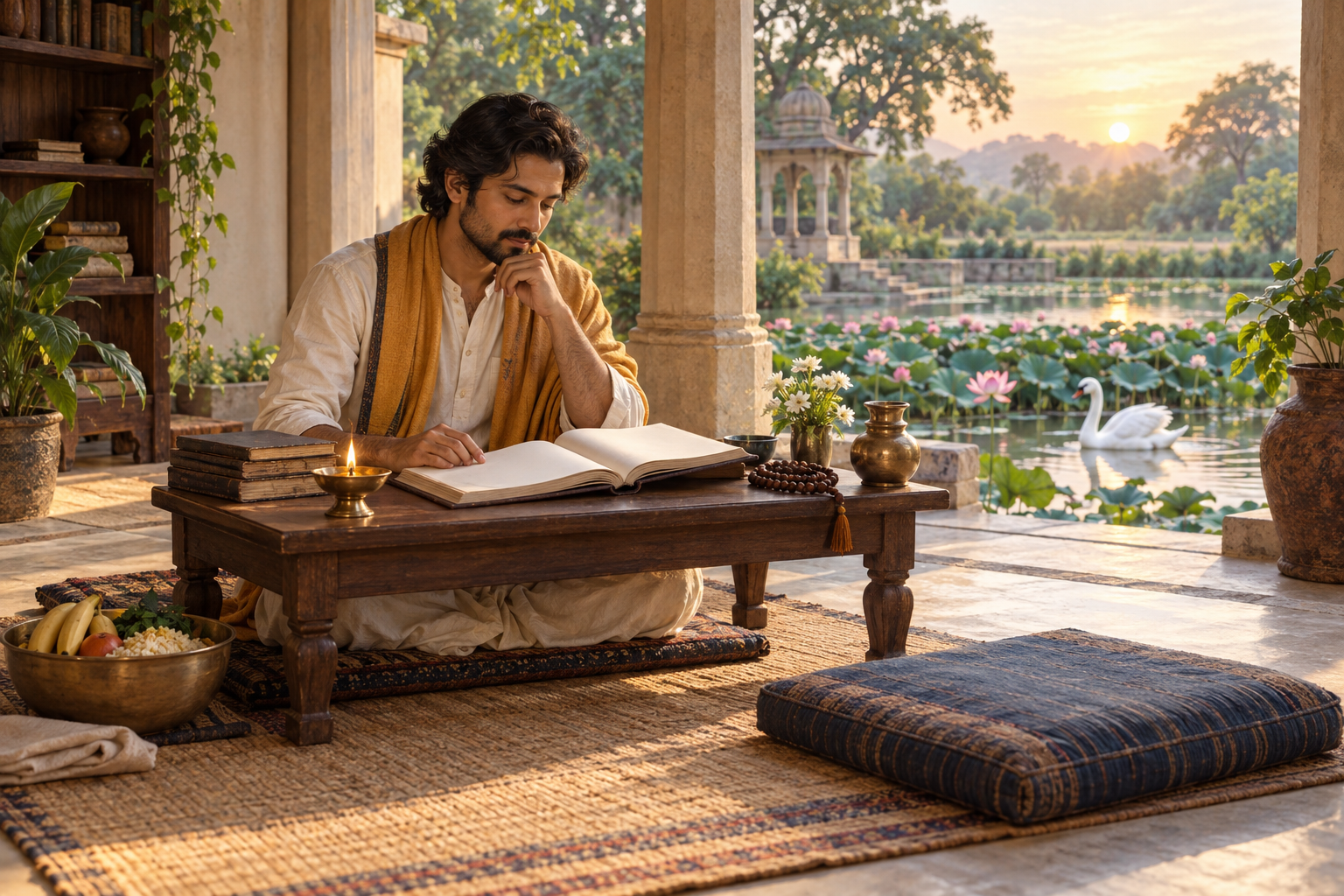 A person studies at a low desk beside an oil lamp, a bowl of food for giving, prayer beads, and a lotus pond with a white swan.