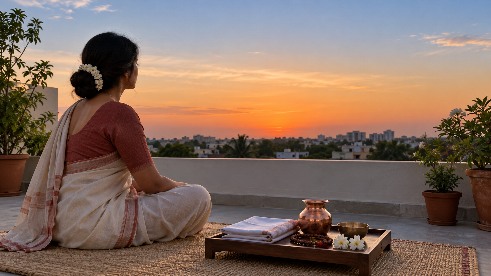 A devotee prepares a cloth, copper vessels, prayer beads, and white flowers on a terrace before the Moon appears.