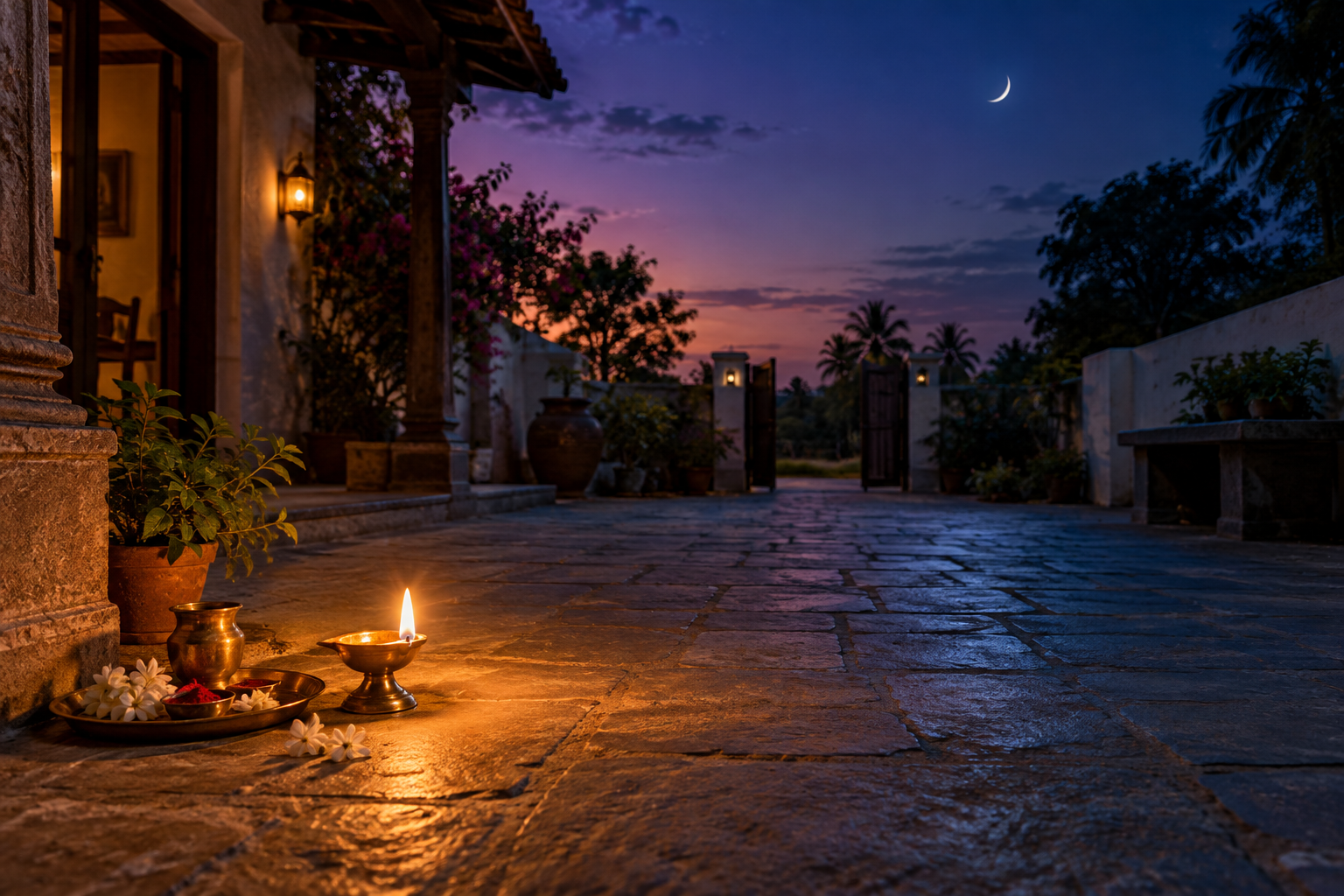A lamp-lit home courtyard beneath a waxing crescent moon, with the sky and floor lighting shifting from evening violet to deep night blue.
