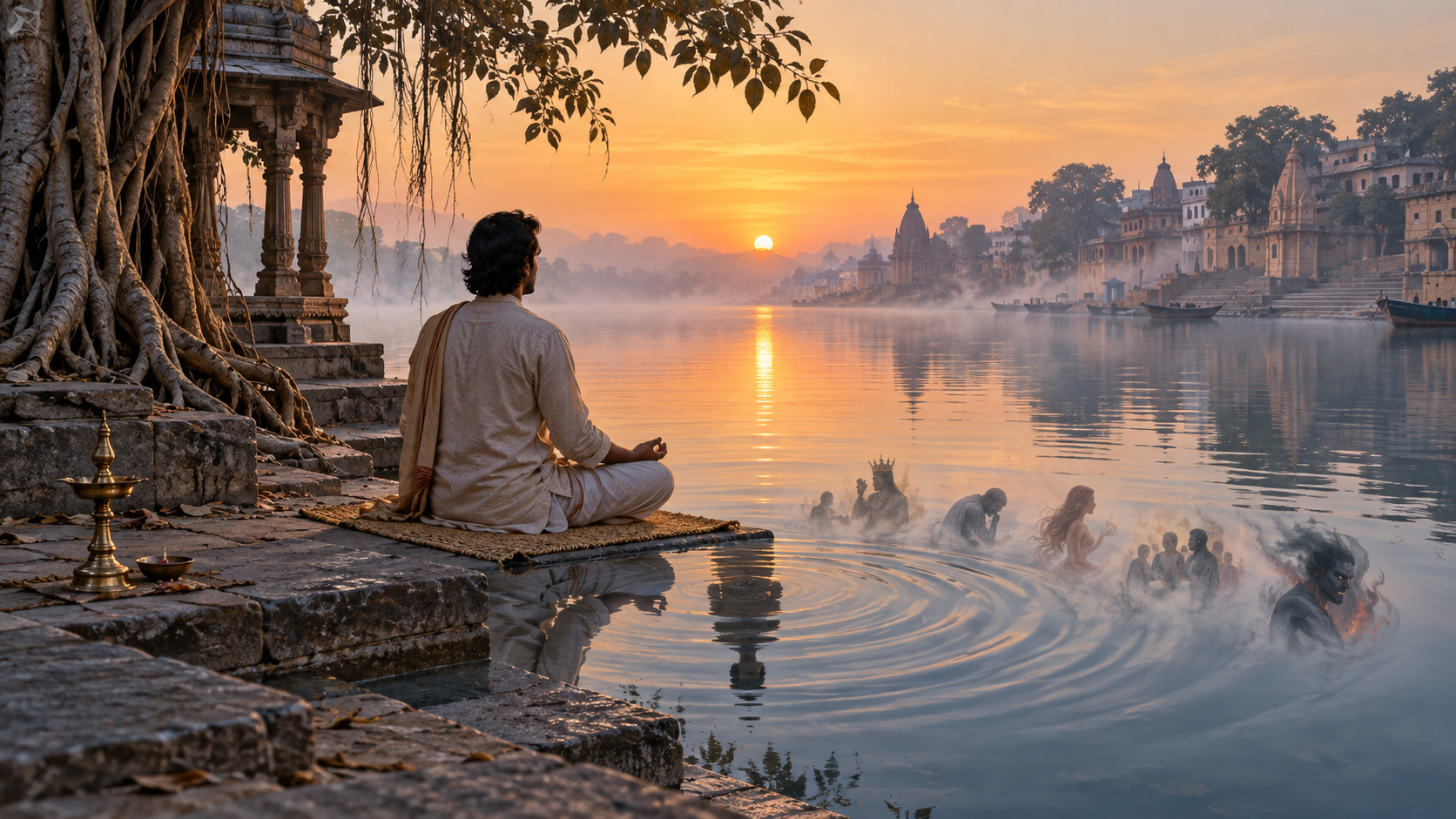 A person meditates beside a still river at dawn, with ripples spreading from their reflection near a banyan tree and a small temple pavilion.