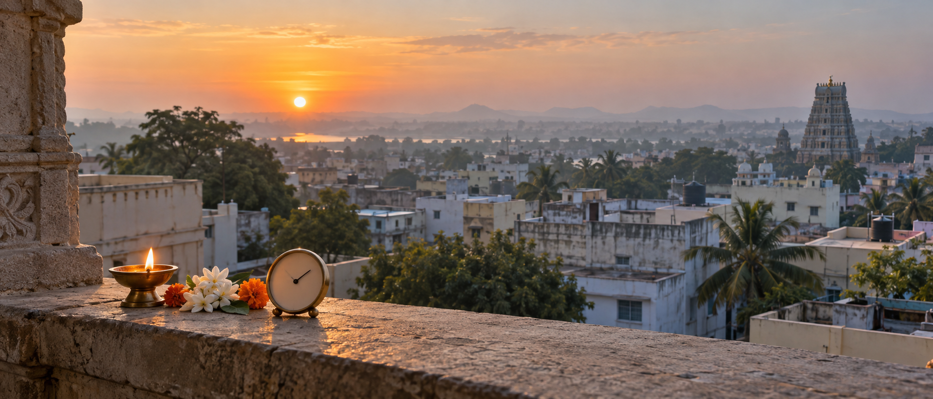 An Indian city at sunrise viewed from a temple terrace, with a small diya, flowers, and an unmarked timepiece on the ledge.