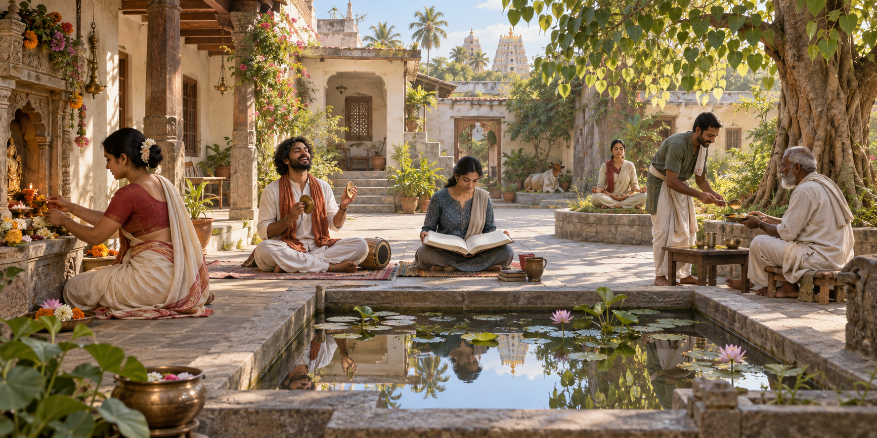People in a shared courtyard perform puja, sing devotionally, study, meditate beneath a tree, and serve a meal.
