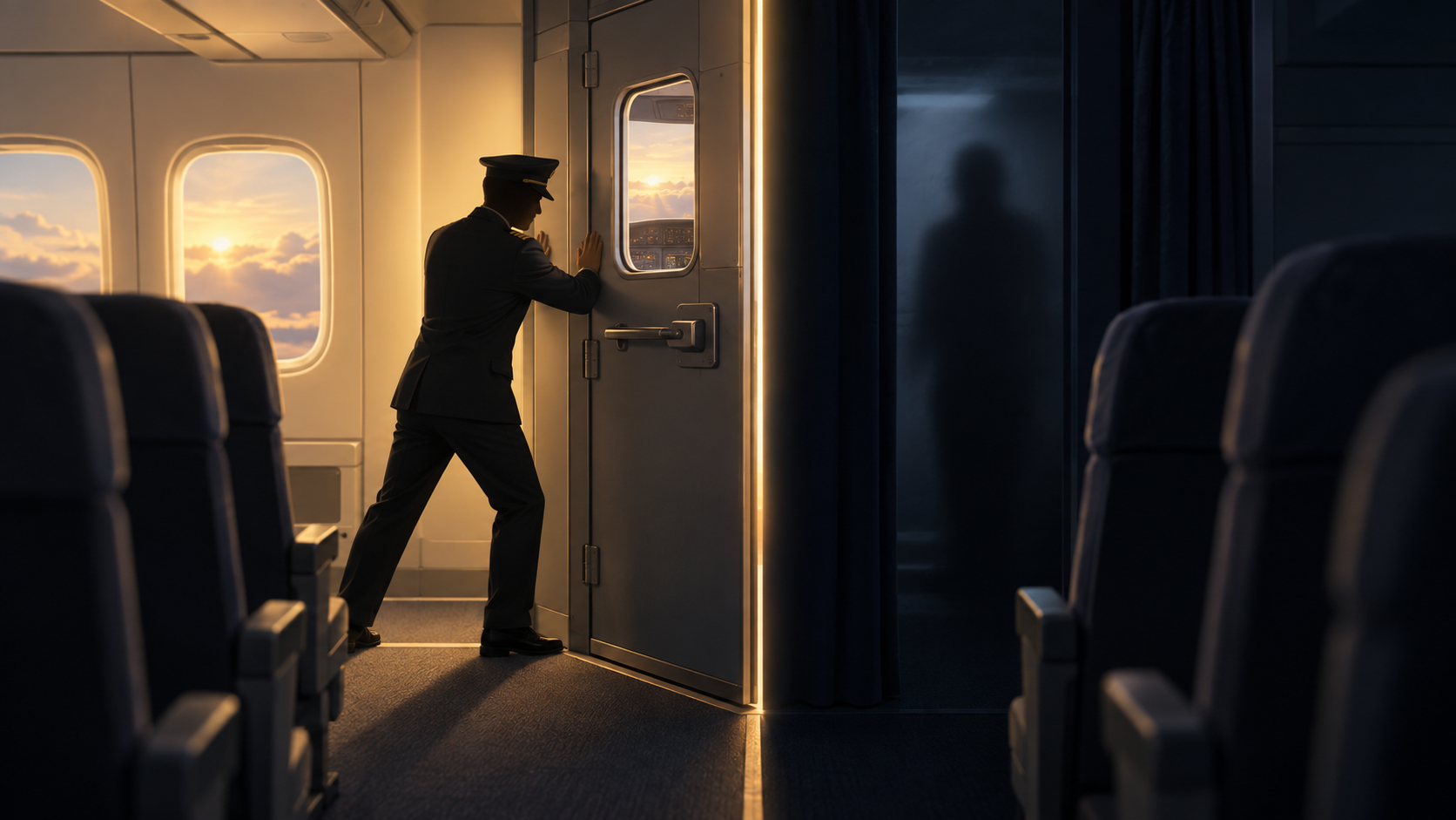 A pilot silhouette holds a cockpit door closed while an indistinct shadow remains on the darker side of the doorway.