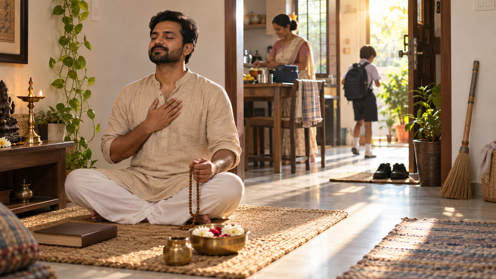 A householder practices quietly on a woven mat in a home prayer corner while the family morning begins through an open doorway.