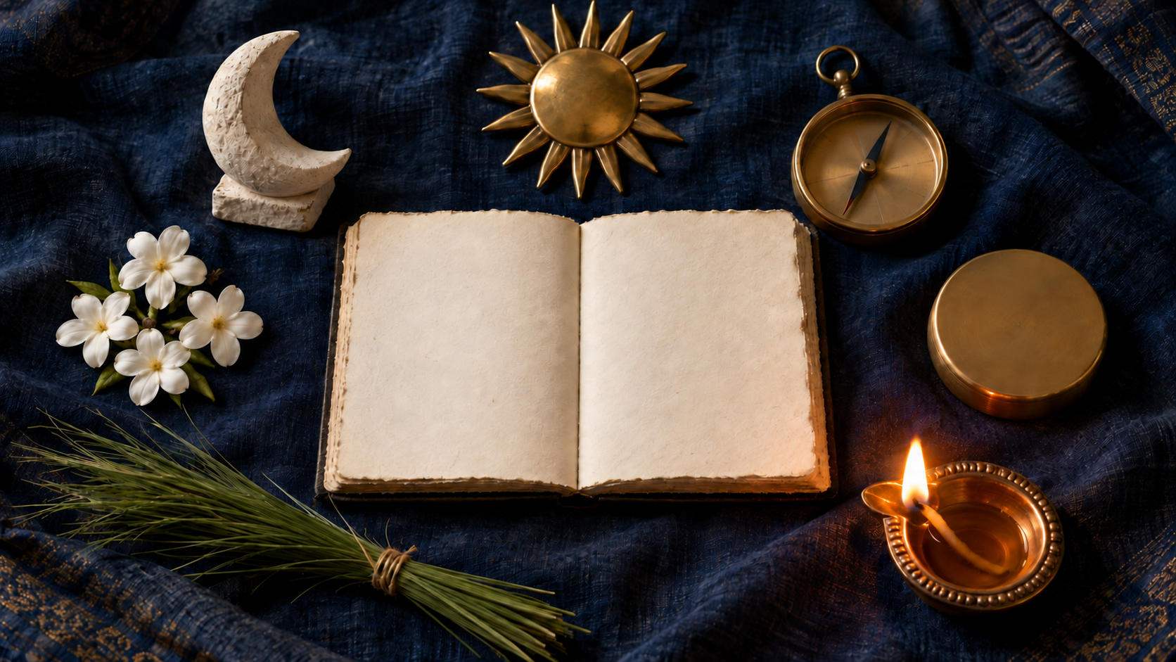 A blank folio surrounded by a diya, sun and moon objects, an unmarked compass and timepiece, flowers, and sacred grass.
