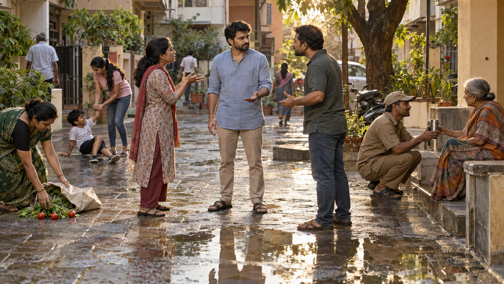 A calm person listens during a neighbourhood disagreement as others help a child, collect spilled vegetables, and offer water to an older neighbour.