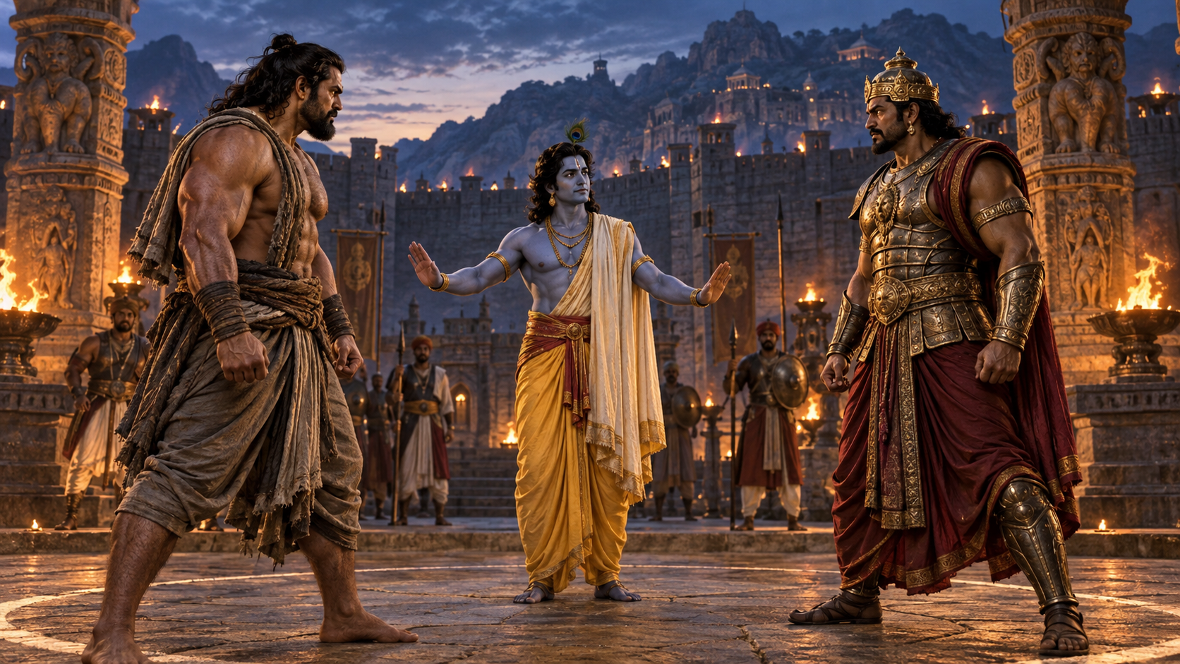 Krishna stands calmly between Bhima and King Jarasandha in a torchlit wrestling courtyard in ancient Magadha.