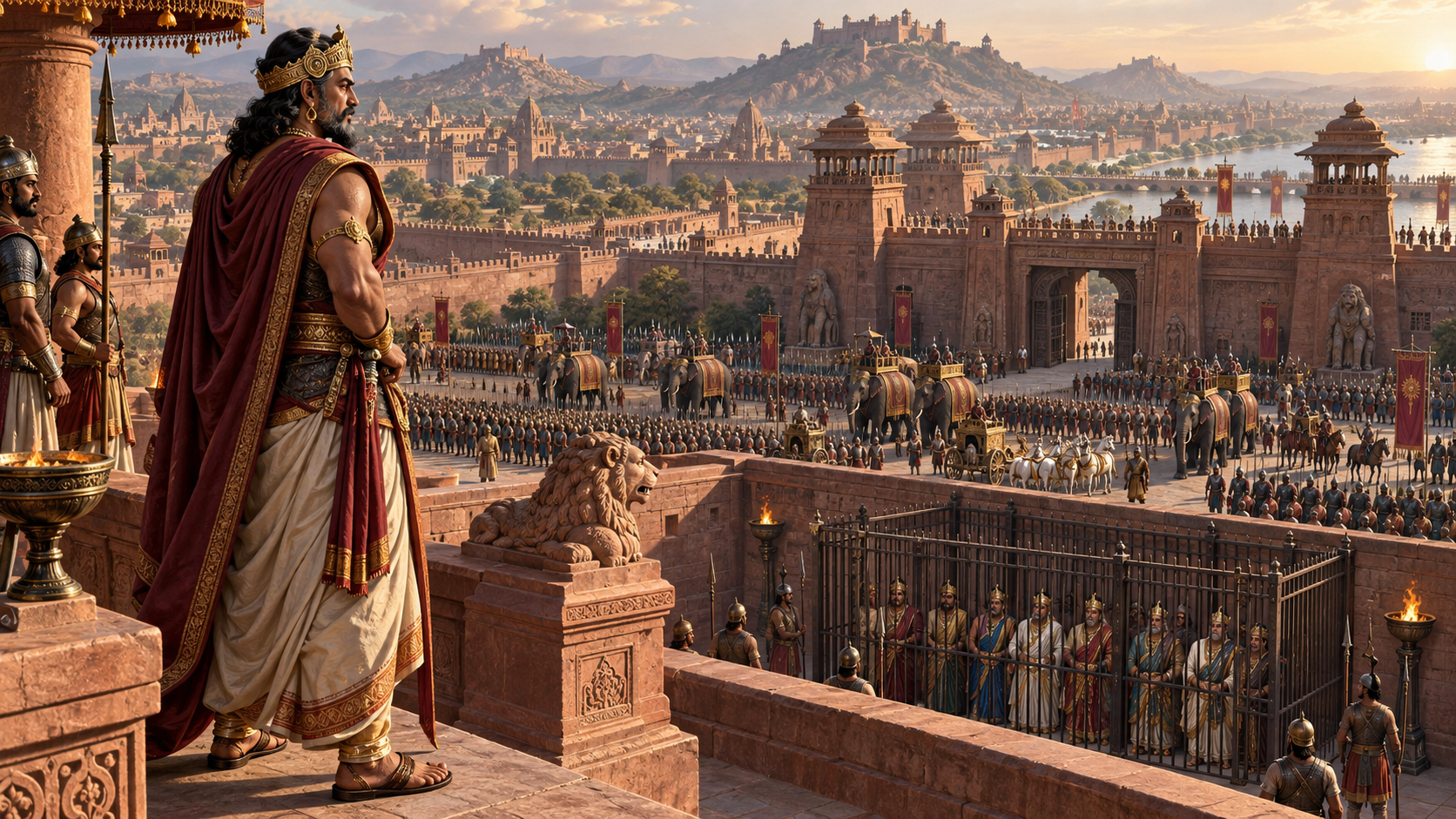 Jarasandha overlooks Magadha's fortified capital, army, elephants, and a guarded courtyard holding captive kings.